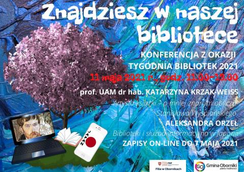 Plakat na konferencję z okazji Tygodnia Bibliotek 2021